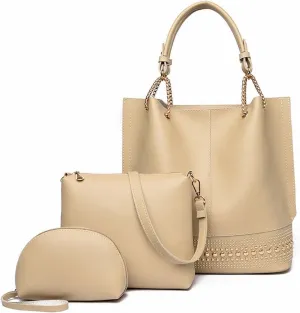 Handbags Women PU Leather Handbags Set 3 Pieces Rivet Shoulder Bag Crossbody Tote for Casual Fashion(Beige)