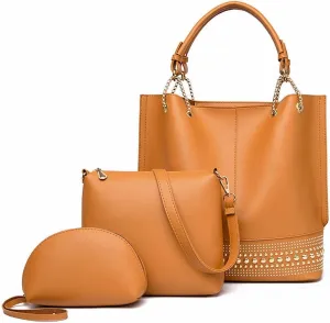 Handbags Women PU Leather Handbags Set 3 Pieces Rivet Shoulder Bag Crossbody Tote for Casual Fashion(Brown)