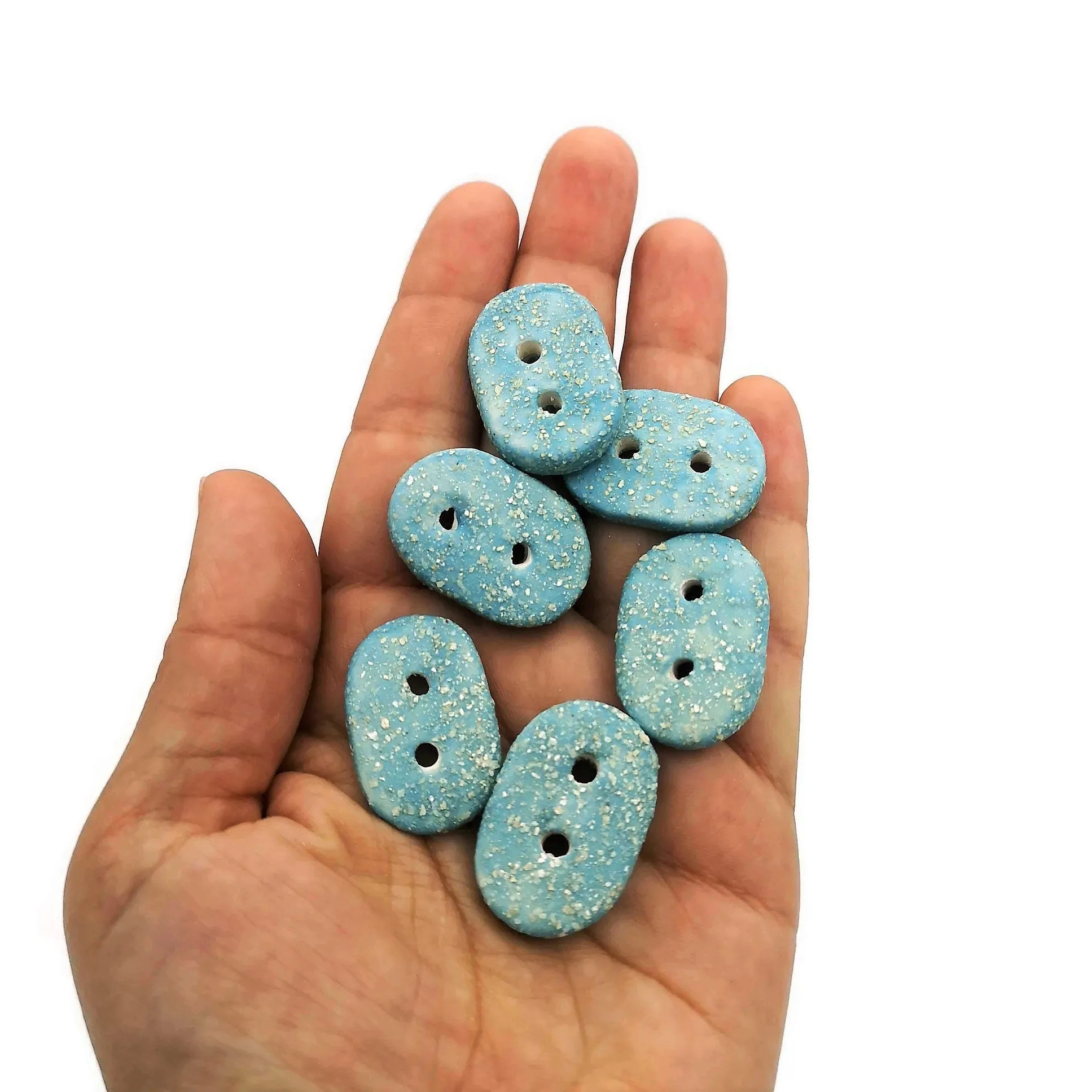 Handmade Ceramic Sewing Buttons – Set of 6 Oval Buttons (Sparkly Turquoise Blue, 3cm, 2-Hole)