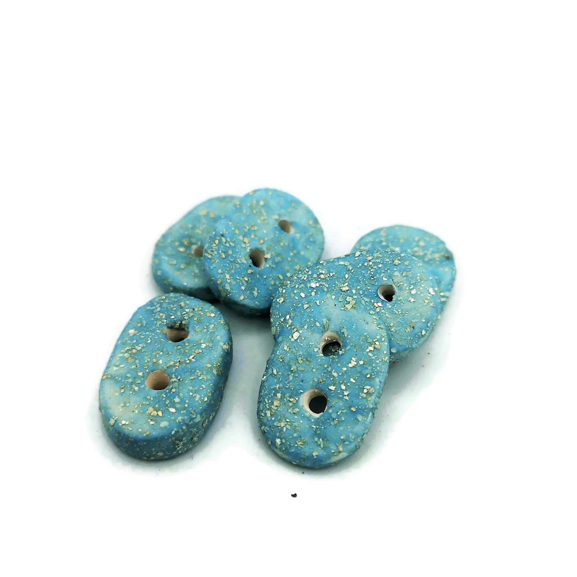 Handmade Ceramic Sewing Buttons – Set of 6 Oval Buttons (Sparkly Turquoise Blue, 3cm, 2-Hole)