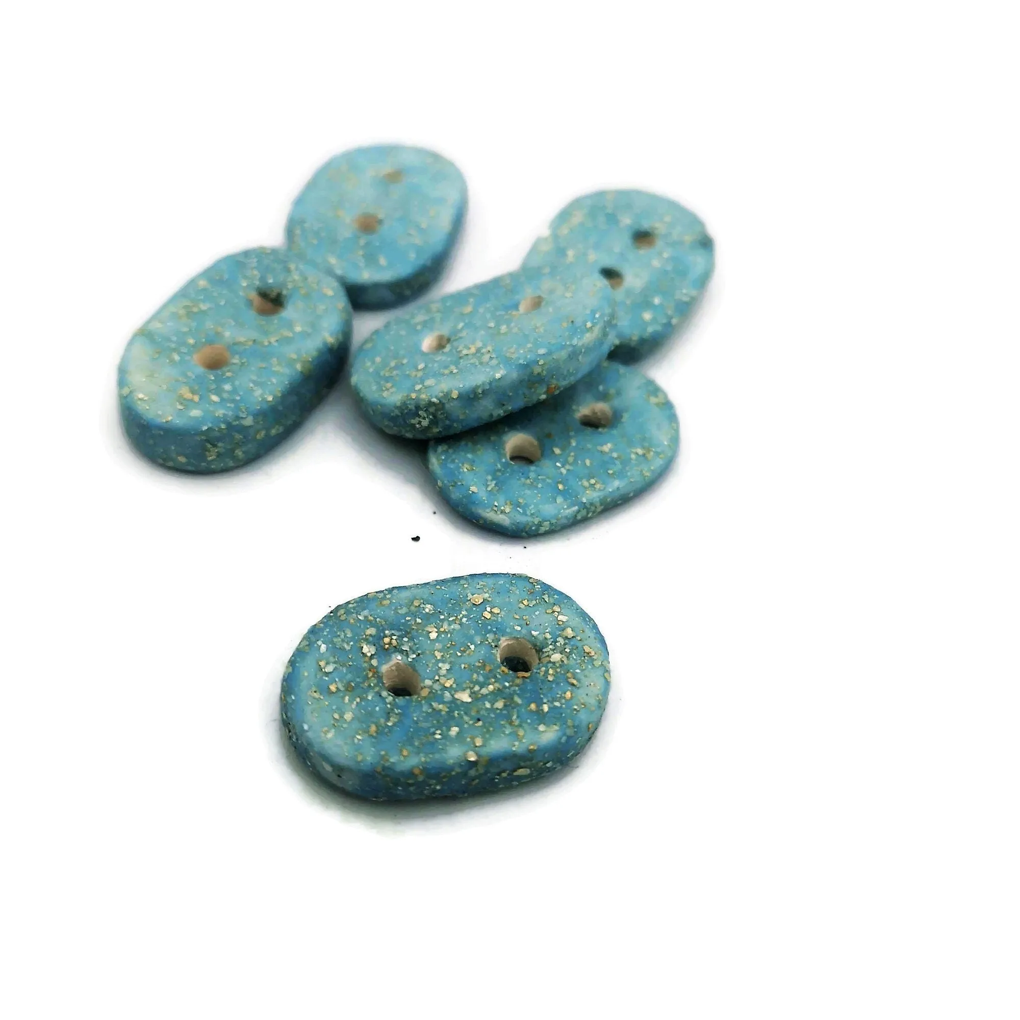 Handmade Ceramic Sewing Buttons – Set of 6 Oval Buttons (Sparkly Turquoise Blue, 3cm, 2-Hole)