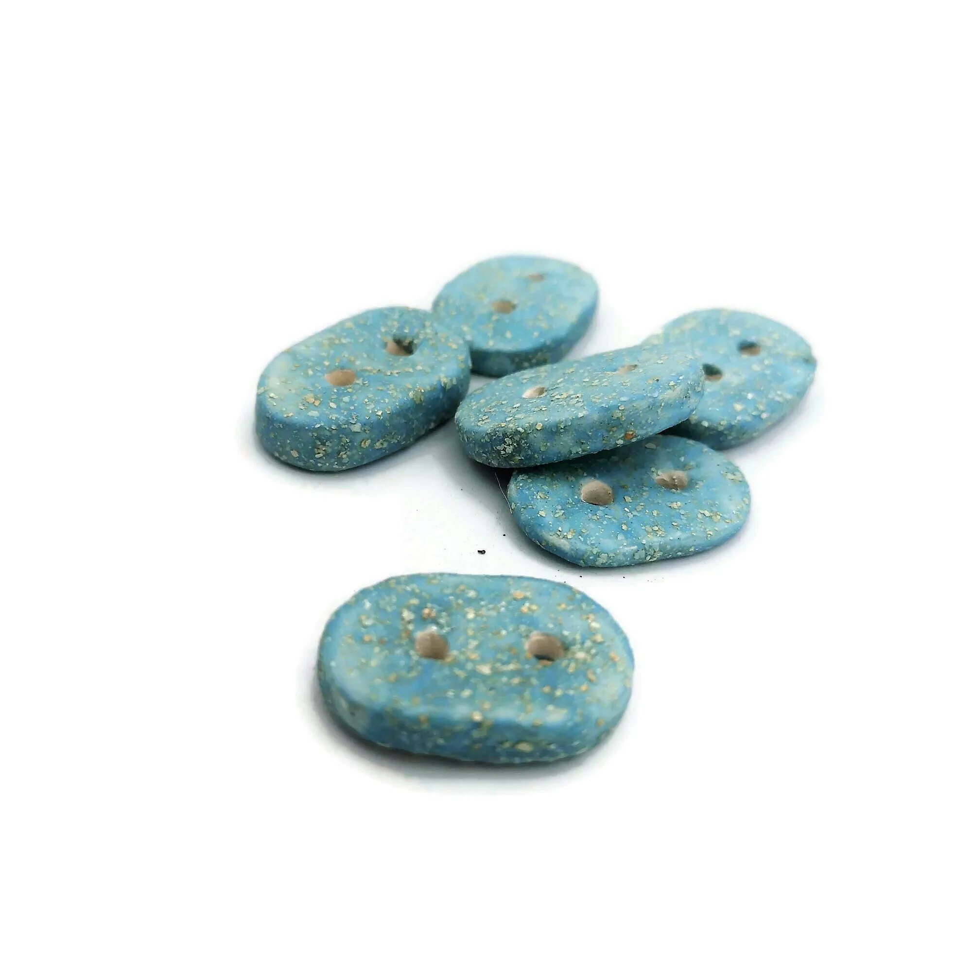 Handmade Ceramic Sewing Buttons – Set of 6 Oval Buttons (Sparkly Turquoise Blue, 3cm, 2-Hole)