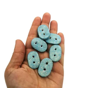 Handmade Ceramic Sewing Buttons – Set of 6 Oval Buttons (Sparkly Turquoise Blue, 3cm, 2-Hole)