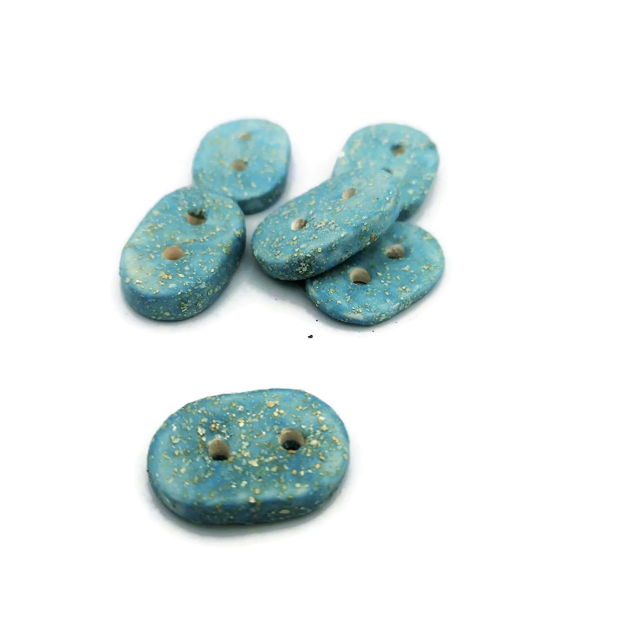 Handmade Ceramic Sewing Buttons – Set of 6 Oval Buttons (Sparkly Turquoise Blue, 3cm, 2-Hole)