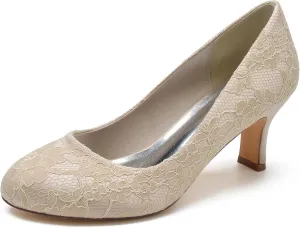 Hanfike Low Heel Shoes for Wedding Bridal Slip-on Lace Formal Party Evening Pumps JY151