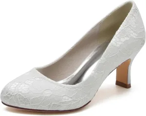 Hanfike Low Heel Shoes for Wedding Bridal Slip-on Lace Formal Party Evening Pumps JY151