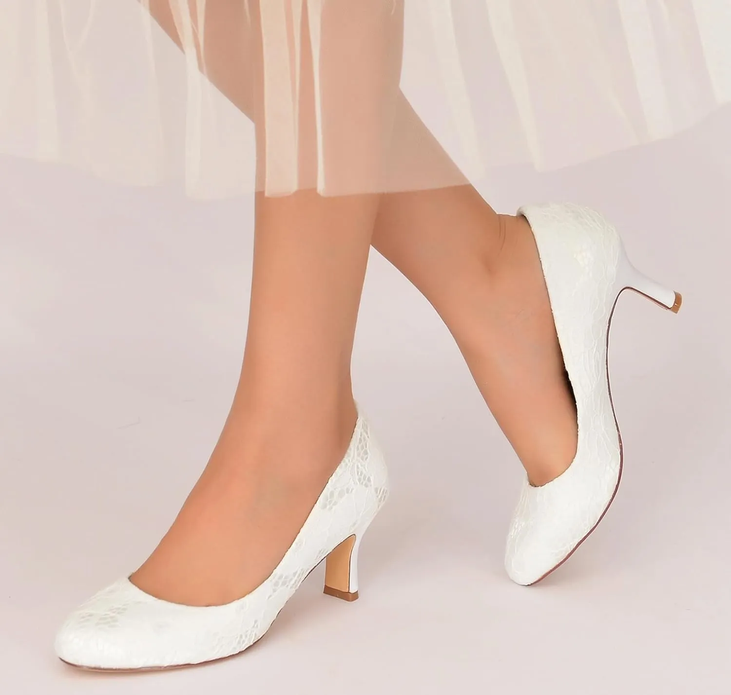 Hanfike Low Heel Shoes for Wedding Bridal Slip-on Lace Formal Party Evening Pumps JY151