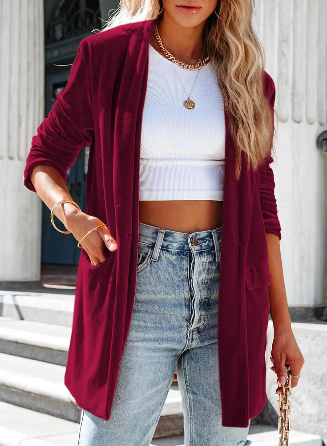 Happy Sailed Women's Velvet Blazer Jackets Casual Long Sleeve Lapel Collar Pocketed Blazer Suits Work Outfits