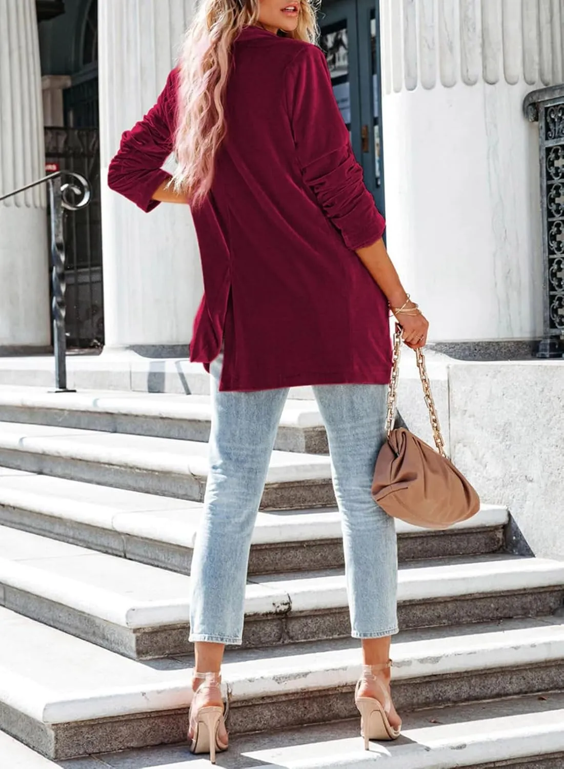 Happy Sailed Women's Velvet Blazer Jackets Casual Long Sleeve Lapel Collar Pocketed Blazer Suits Work Outfits