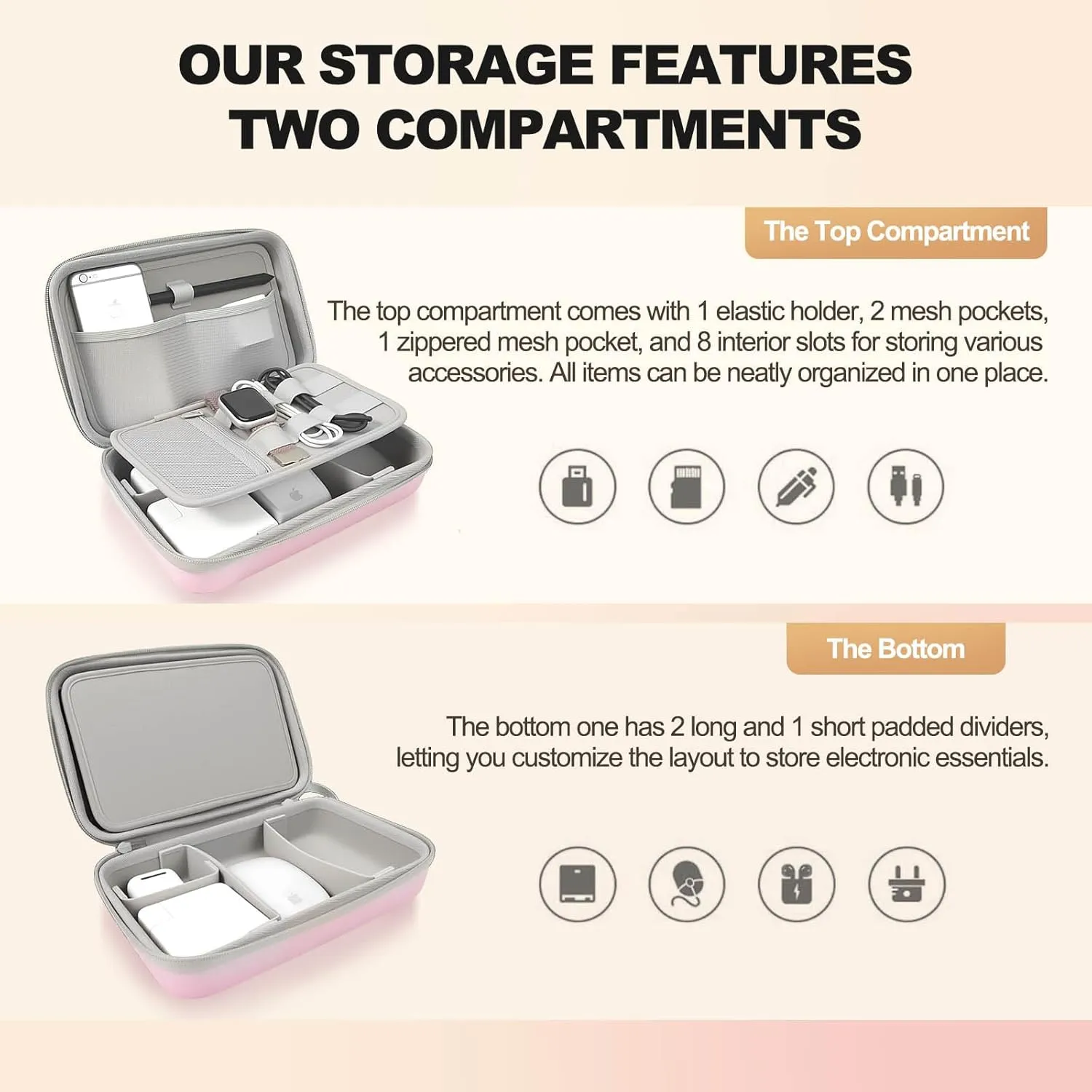 Hard Travel Electronic Organizer Case for Power Bank Chargers Cables USB Flash Drive SD Card Electronics & Backpack Organizer Travel Case Small Portable Accessories Bag, Pink