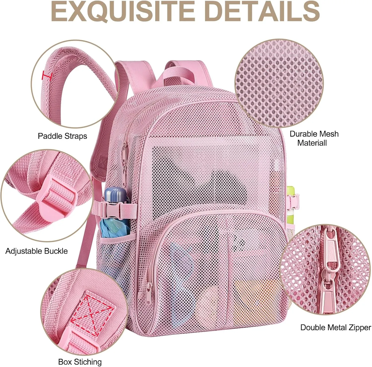Heavy Duty Mesh Backpack for School, 30L Extra Large See Through Mesh Bookbag for Adults with Comfort Padded Straps for School, Beach, Swimming, Fitness, Sports(Pink)