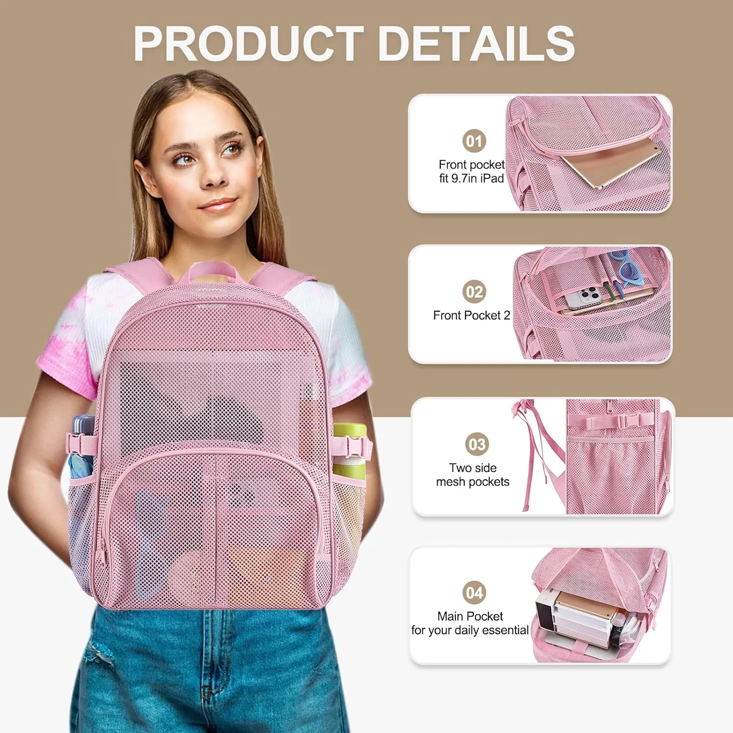 Heavy Duty Mesh Backpack for School, 30L Extra Large See Through Mesh Bookbag for Adults with Comfort Padded Straps for School, Beach, Swimming, Fitness, Sports(Pink)