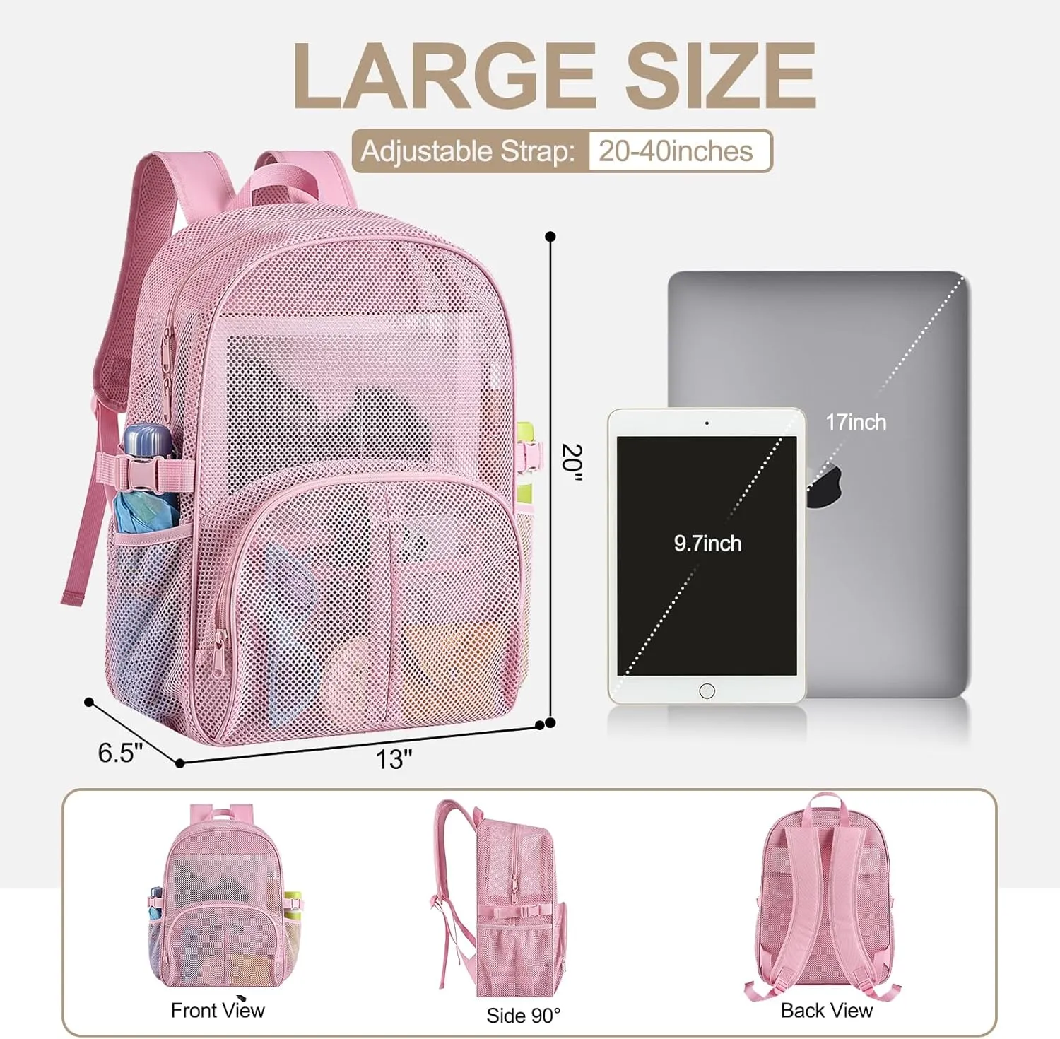 Heavy Duty Mesh Backpack for School, 30L Extra Large See Through Mesh Bookbag for Adults with Comfort Padded Straps for School, Beach, Swimming, Fitness, Sports(Pink)