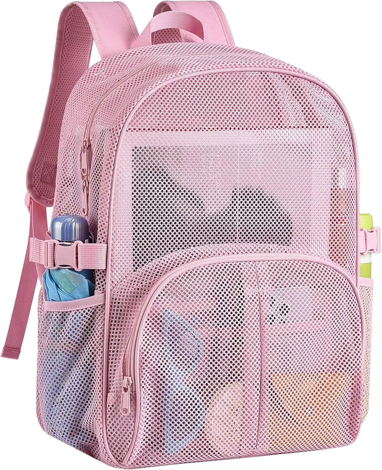 Heavy Duty Mesh Backpack for School, 30L Extra Large See Through Mesh Bookbag for Adults with Comfort Padded Straps for School, Beach, Swimming, Fitness, Sports(Pink)