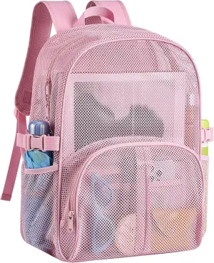 Heavy Duty Mesh Backpack for School, 30L Extra Large See Through Mesh Bookbag for Adults with Comfort Padded Straps for School, Beach, Swimming, Fitness, Sports(Pink)
