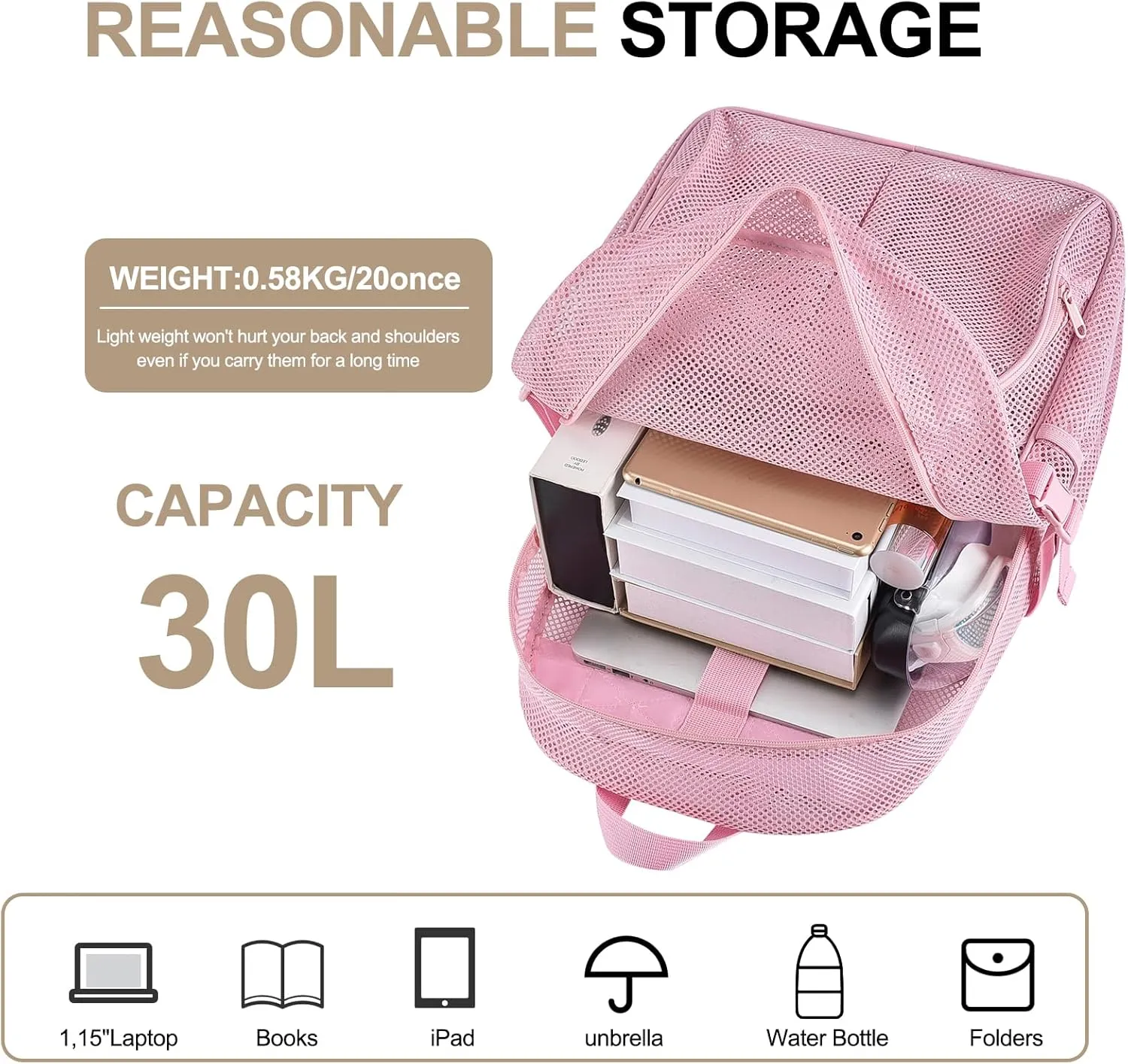 Heavy Duty Mesh Backpack for School, 30L Extra Large See Through Mesh Bookbag for Adults with Comfort Padded Straps for School, Beach, Swimming, Fitness, Sports(Pink)