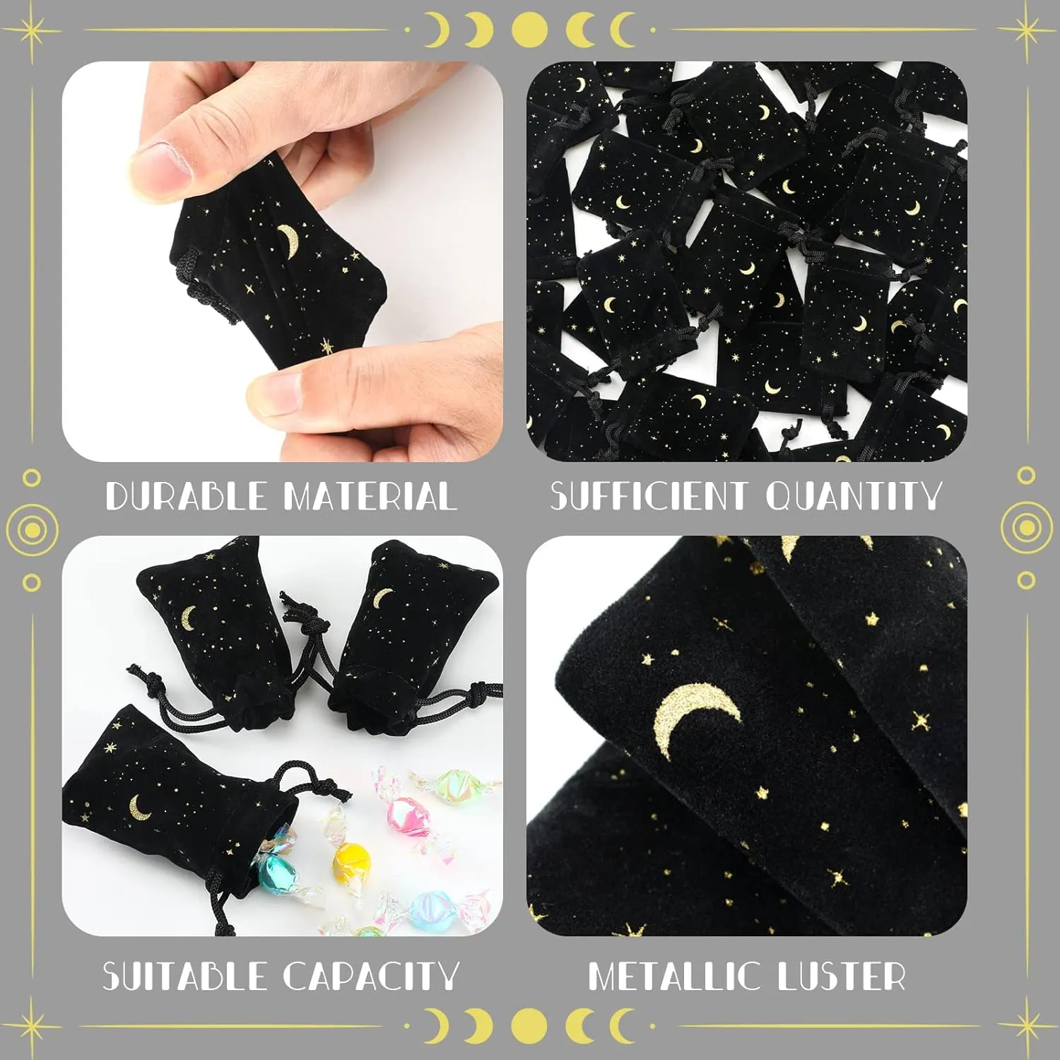 Hillban 30 Pcs 2 x 3 Inch Black Velvet Drawstrings Bags for Jewelry Moon Star Pouch with Drawstrings Jewelry Bags for Gift Packaging Wedding Anniversary Christmas Eid Mubarak