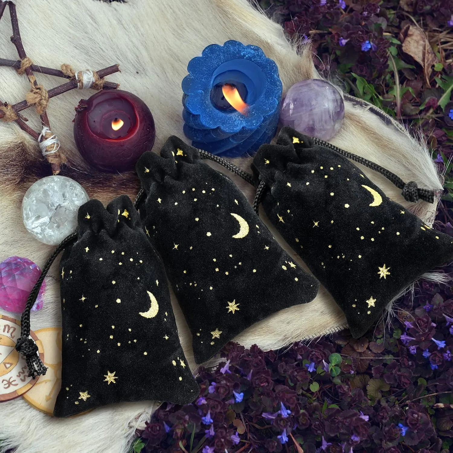 Hillban 30 Pcs 2 x 3 Inch Black Velvet Drawstrings Bags for Jewelry Moon Star Pouch with Drawstrings Jewelry Bags for Gift Packaging Wedding Anniversary Christmas Eid Mubarak