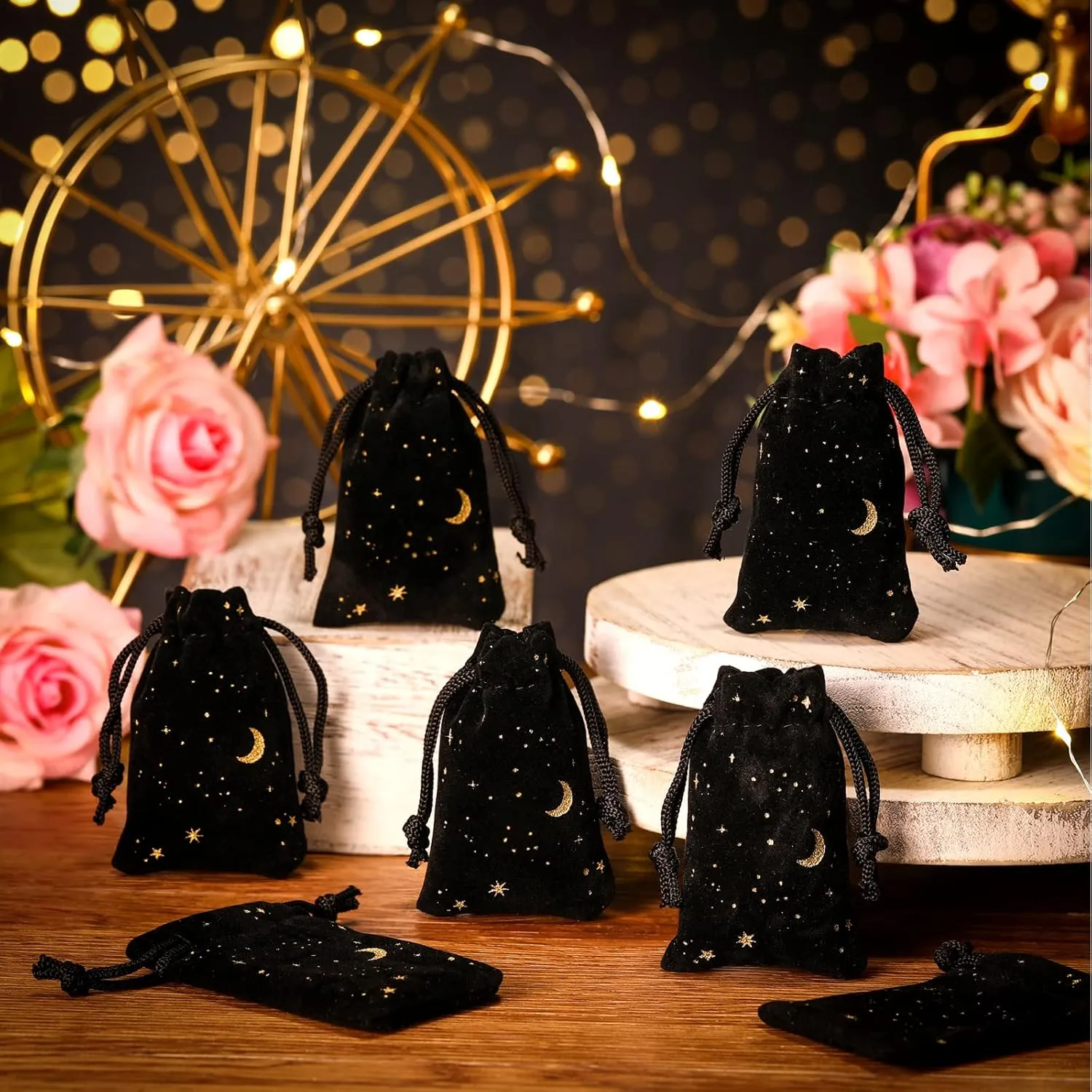 Hillban 30 Pcs 2 x 3 Inch Black Velvet Drawstrings Bags for Jewelry Moon Star Pouch with Drawstrings Jewelry Bags for Gift Packaging Wedding Anniversary Christmas Eid Mubarak