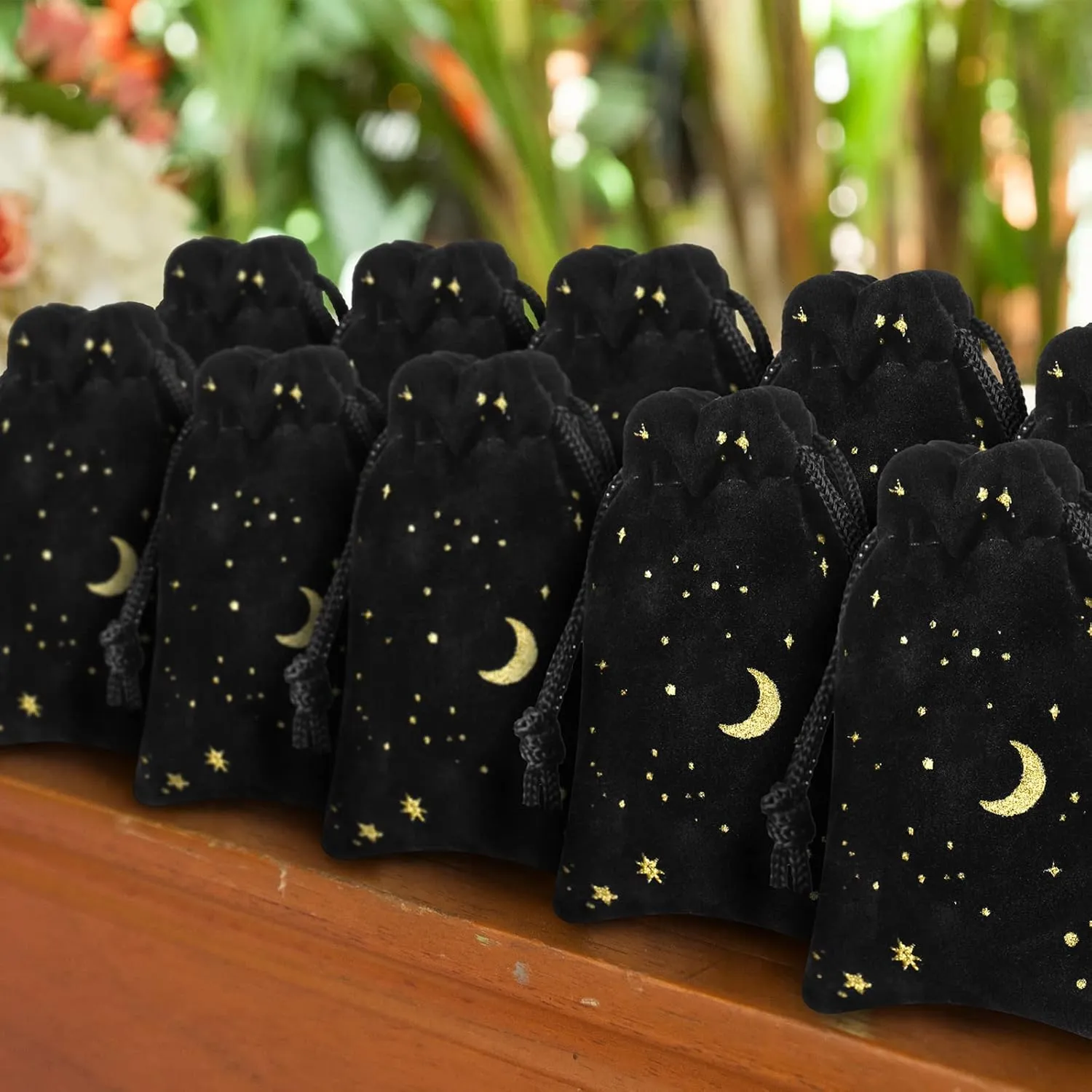 Hillban 30 Pcs 2 x 3 Inch Black Velvet Drawstrings Bags for Jewelry Moon Star Pouch with Drawstrings Jewelry Bags for Gift Packaging Wedding Anniversary Christmas Eid Mubarak