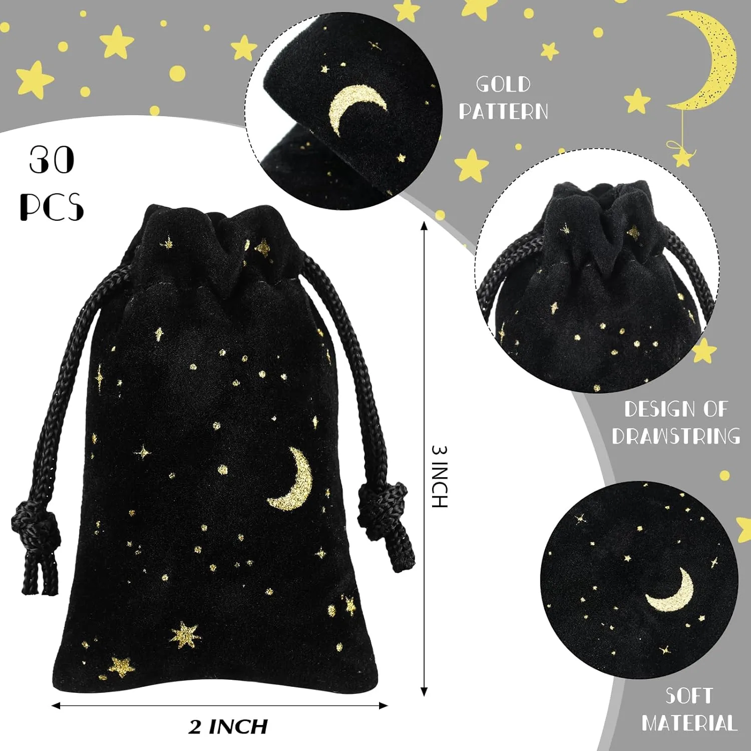 Hillban 30 Pcs 2 x 3 Inch Black Velvet Drawstrings Bags for Jewelry Moon Star Pouch with Drawstrings Jewelry Bags for Gift Packaging Wedding Anniversary Christmas Eid Mubarak