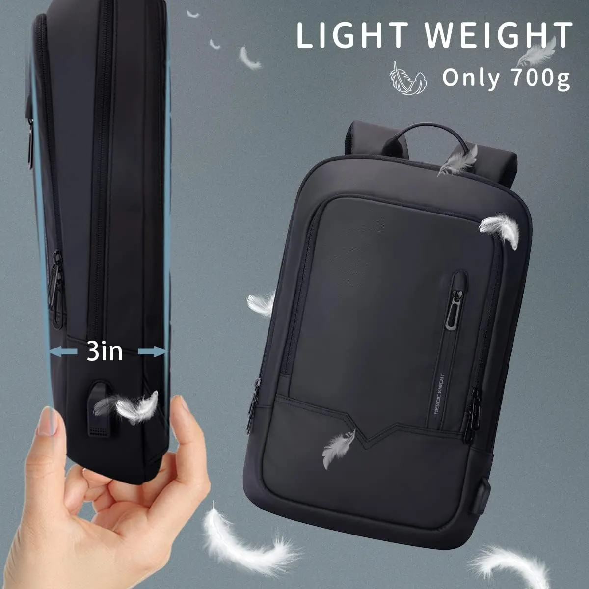 hk Backpack for Men Business Slim Backpack with USB Charger Computer Lightweight Anti-theft Travel Backpacks 15.6 inch Water Resistant Laptop Bag for Work Office College-Black