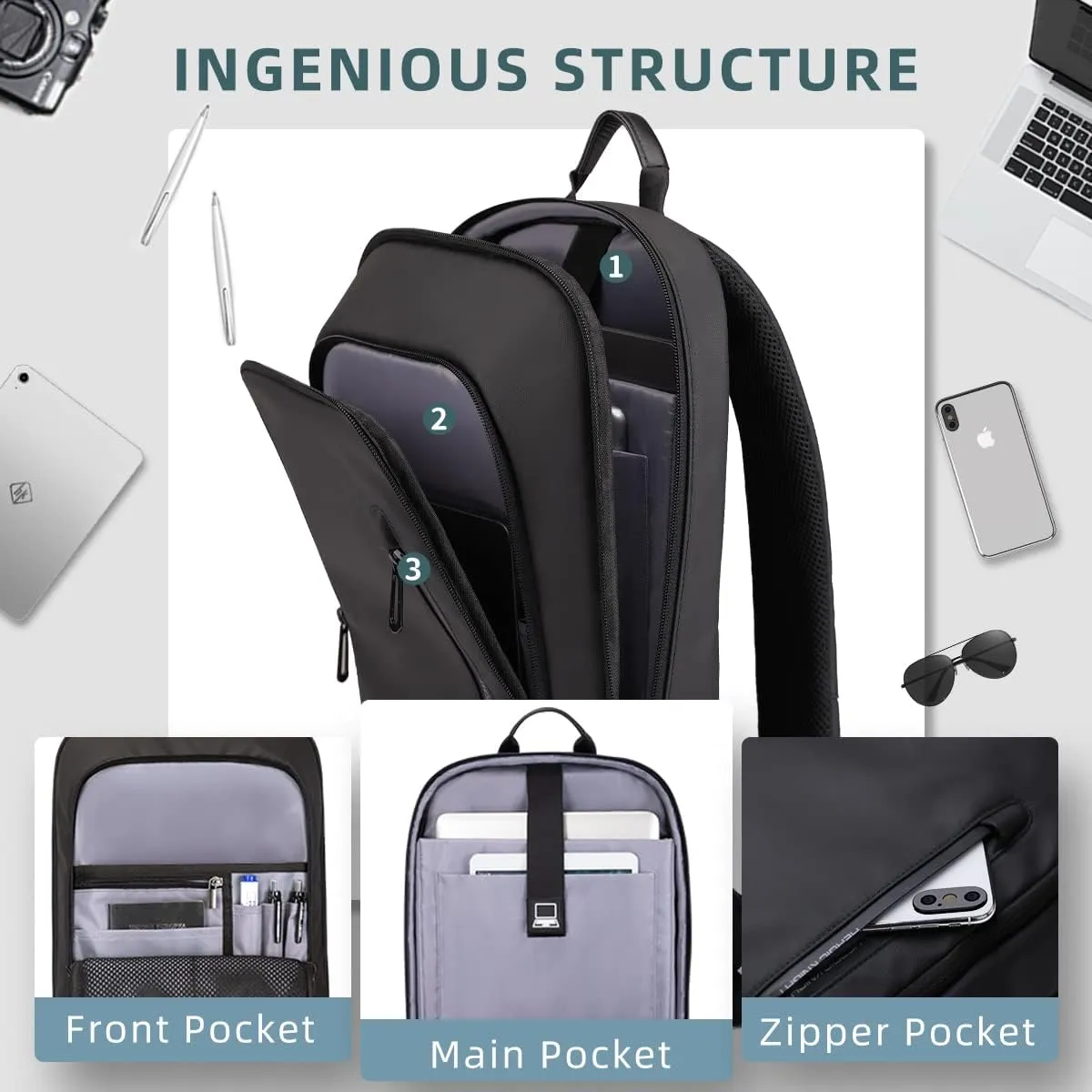 hk Backpack for Men Business Slim Backpack with USB Charger Computer Lightweight Anti-theft Travel Backpacks 15.6 inch Water Resistant Laptop Bag for Work Office College-Black