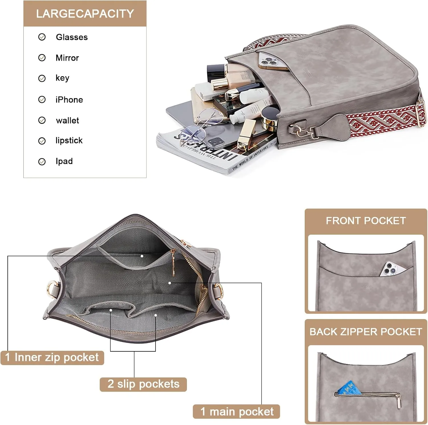 HKCLUF Crossbody Bag for Women Vegan Leather Hobo Handbags Guitar Strap Purse Shoulder Bucket Bag with 2PCS Adjustable Straps