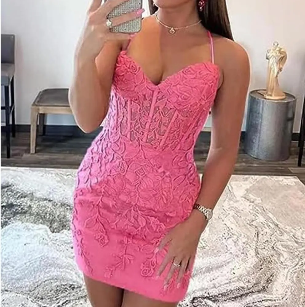 Homecoming Dress lace Appiques Backless Spaghetti Straps Short Prom Dresses for Women