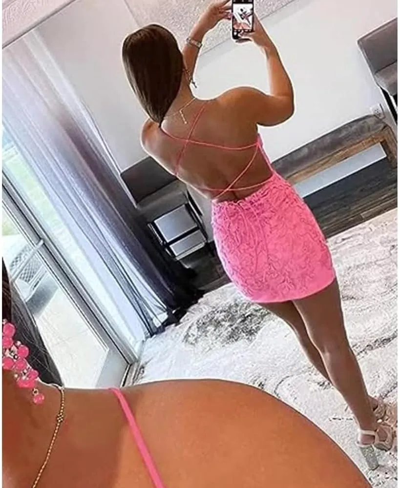 Homecoming Dress lace Appiques Backless Spaghetti Straps Short Prom Dresses for Women