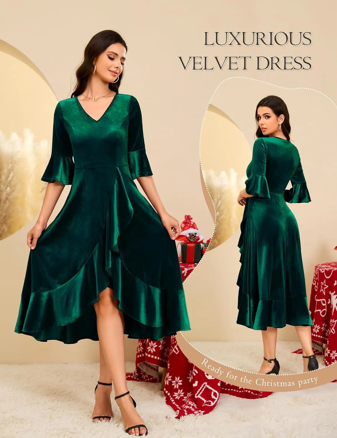 HomRain Women's Velvet Dress V Neck Bell Sleeve Fall Dress for Women Ruffle Split Christmas Party Dress