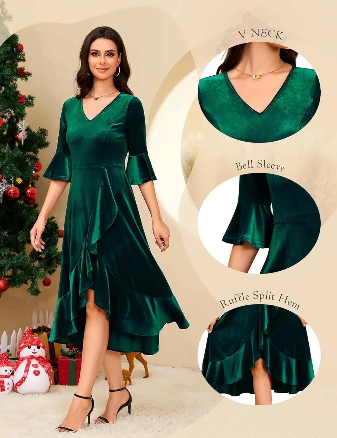 HomRain Women's Velvet Dress V Neck Bell Sleeve Fall Dress for Women Ruffle Split Christmas Party Dress