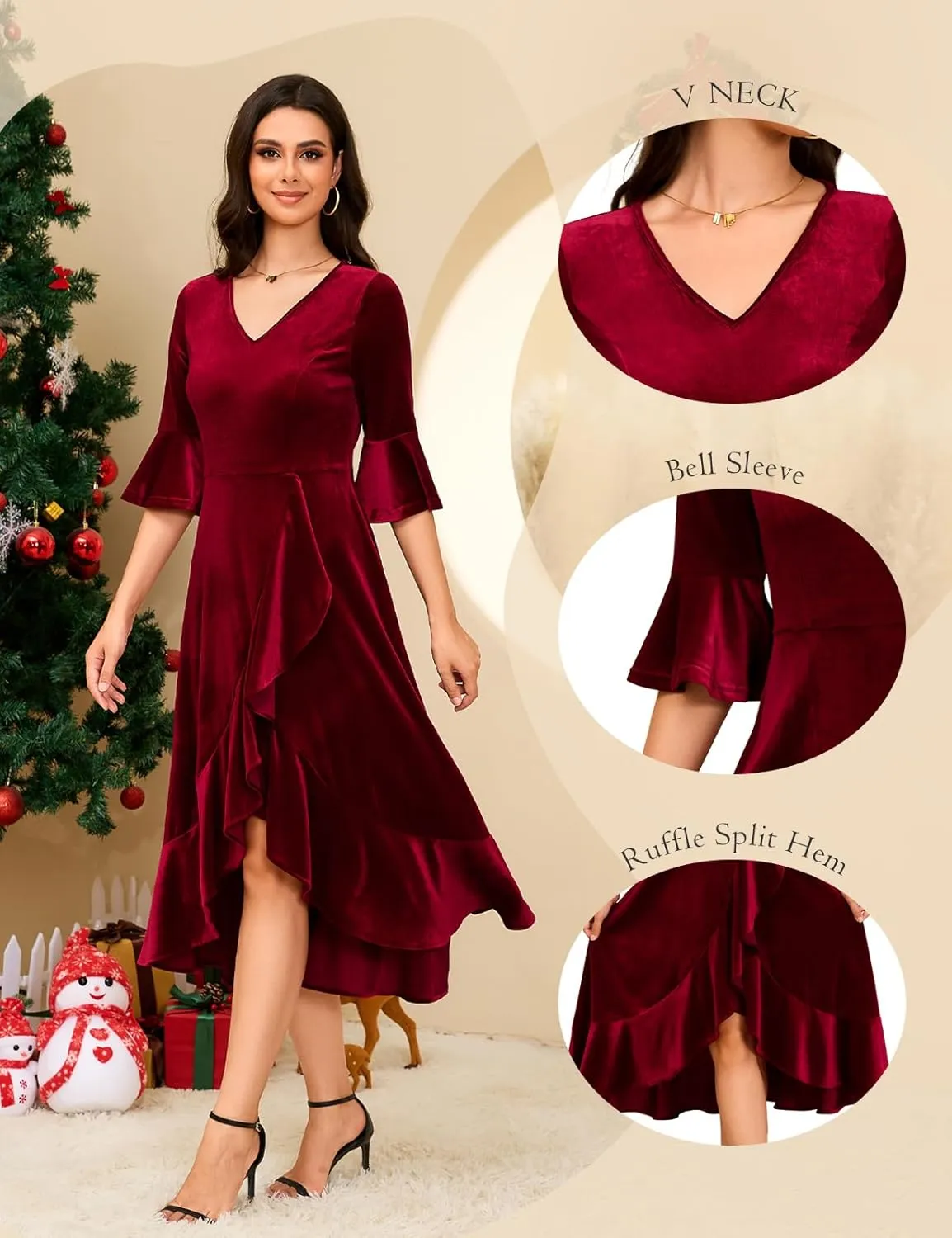 HomRain Women's Velvet Dress V Neck Bell Sleeve Fall Dress for Women Ruffle Split Christmas Party Dress
