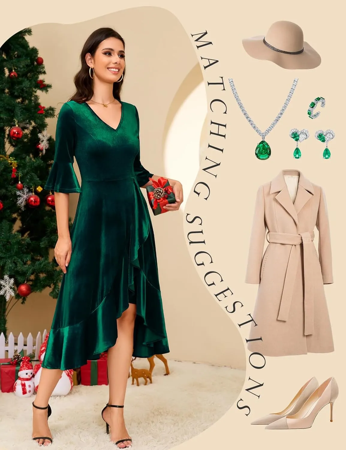 HomRain Women's Velvet Dress V Neck Bell Sleeve Fall Dress for Women Ruffle Split Christmas Party Dress