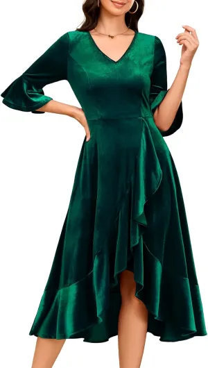 HomRain Women's Velvet Dress V Neck Bell Sleeve Fall Dress for Women Ruffle Split Christmas Party Dress