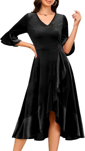 HomRain Women's Velvet Dress V Neck Bell Sleeve Fall Dress for Women Ruffle Split Christmas Party Dress