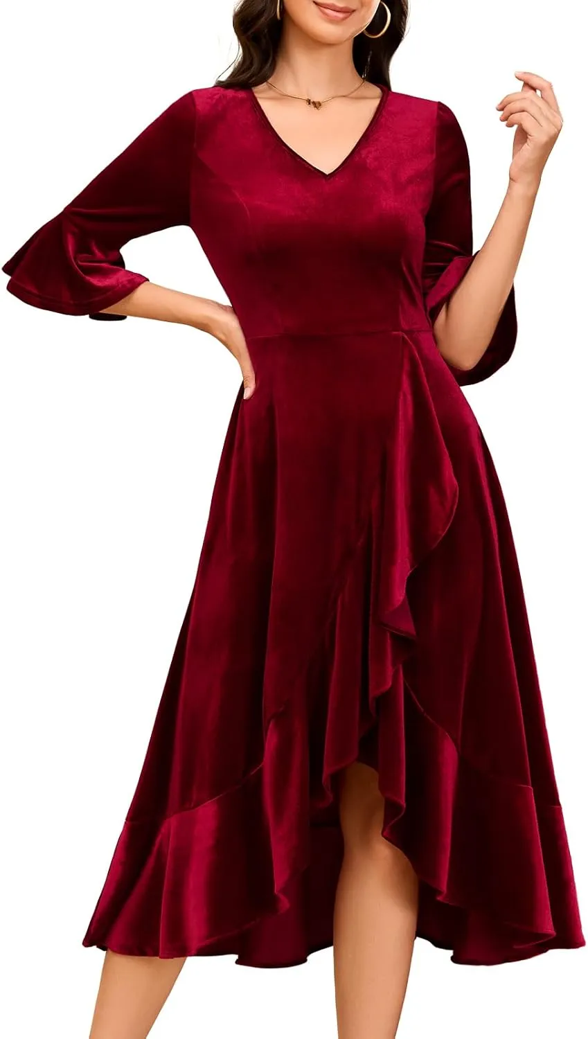 HomRain Women's Velvet Dress V Neck Bell Sleeve Fall Dress for Women Ruffle Split Christmas Party Dress