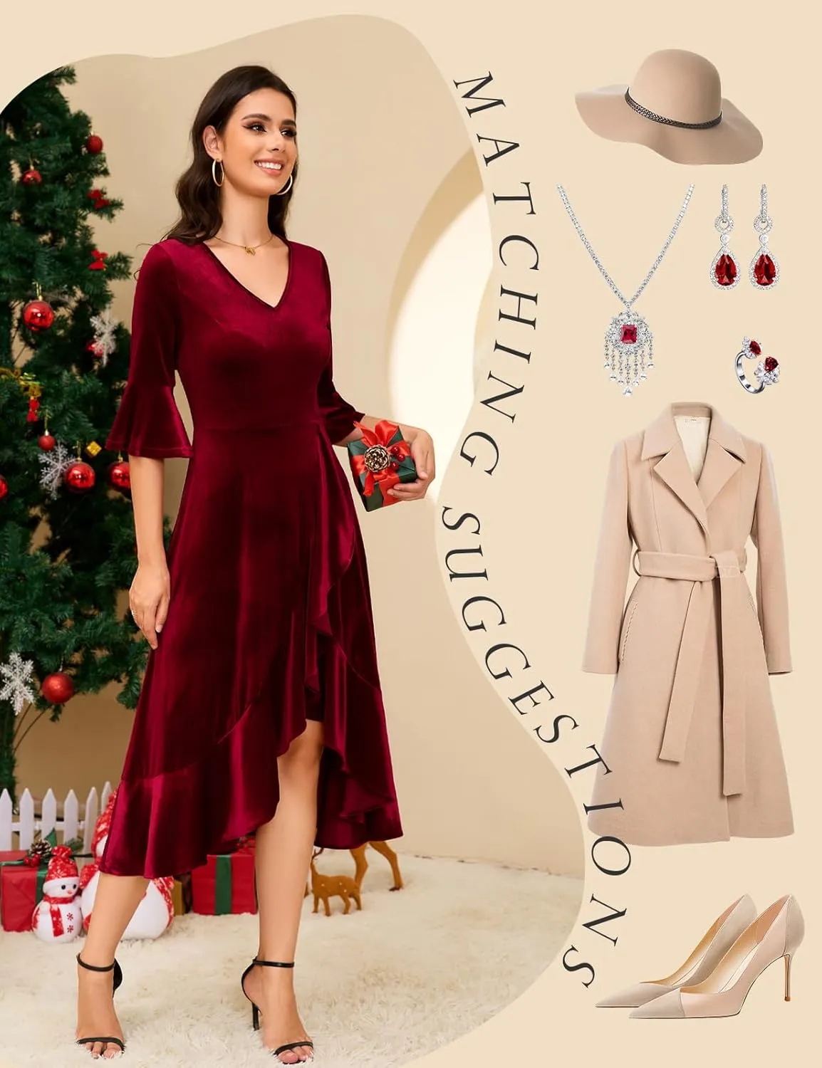 HomRain Women's Velvet Dress V Neck Bell Sleeve Fall Dress for Women Ruffle Split Christmas Party Dress