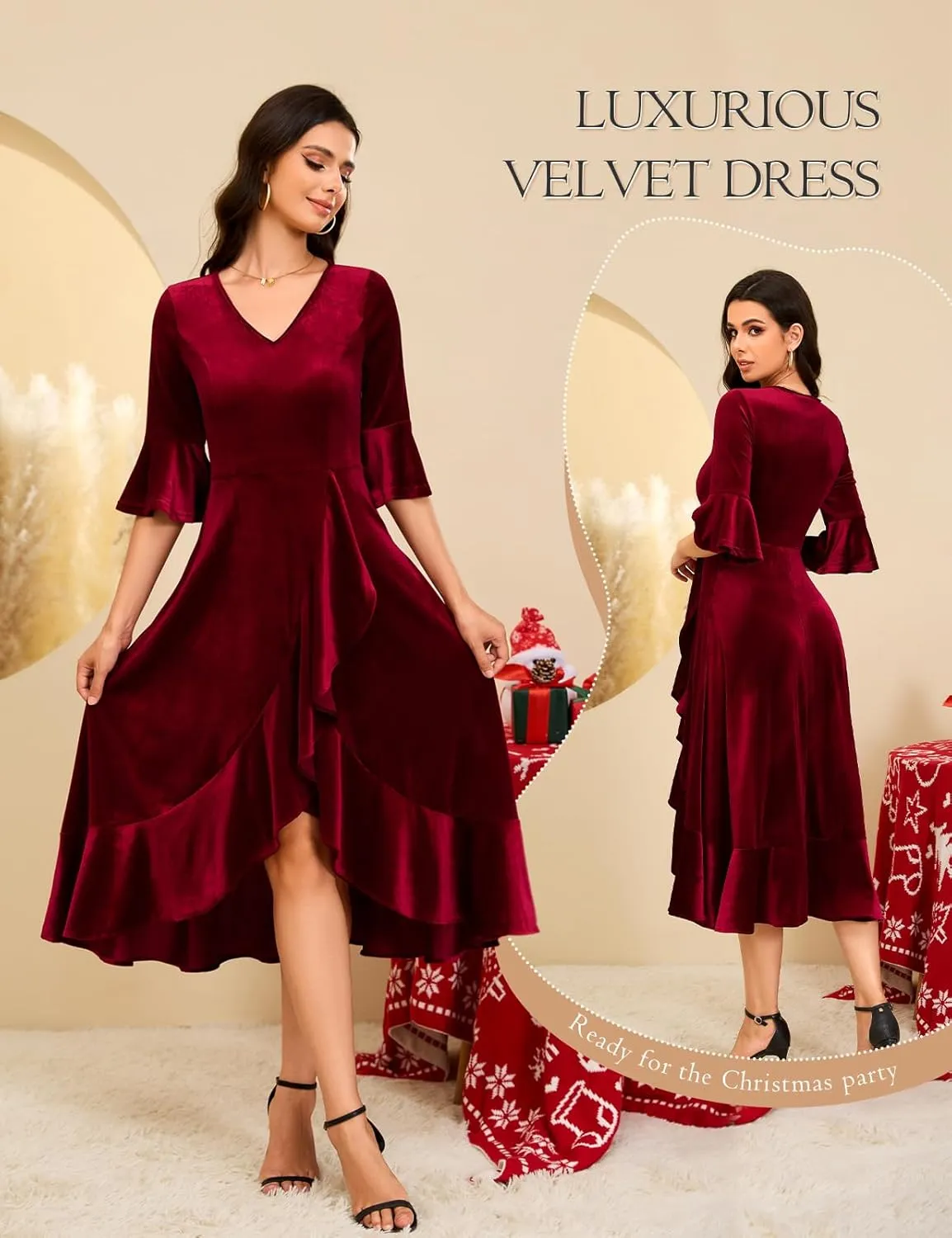 HomRain Women's Velvet Dress V Neck Bell Sleeve Fall Dress for Women Ruffle Split Christmas Party Dress