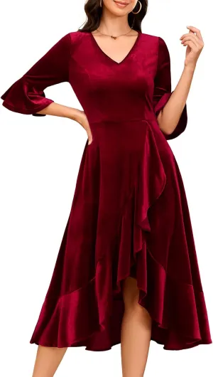 HomRain Women's Velvet Dress V Neck Bell Sleeve Fall Dress for Women Ruffle Split Christmas Party Dress