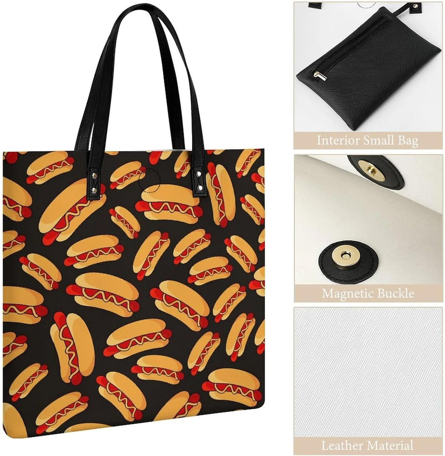 Hotdog Fun Food Hot Dog Leather Handbag with Large Space, Fashionable Handbag