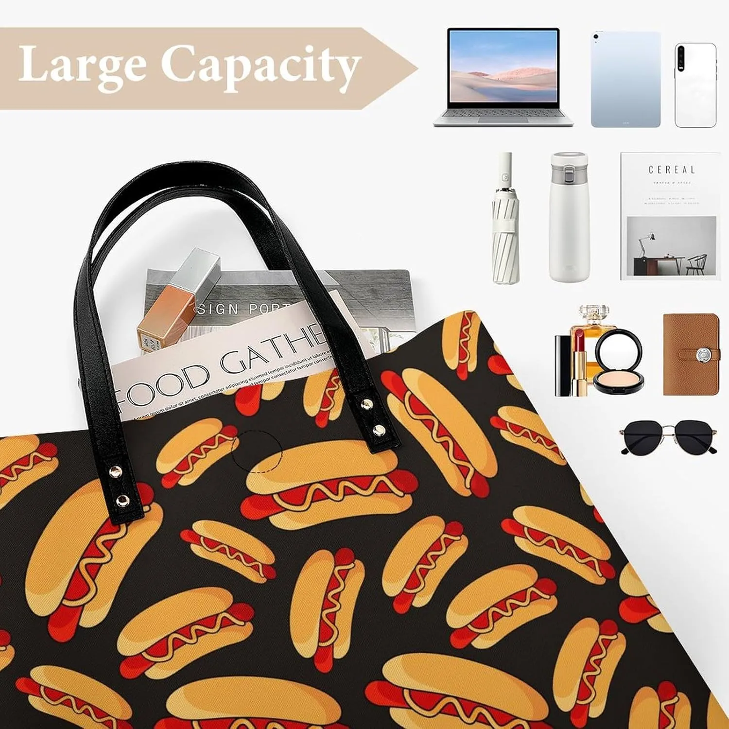 Hotdog Fun Food Hot Dog Leather Handbag with Large Space, Fashionable Handbag
