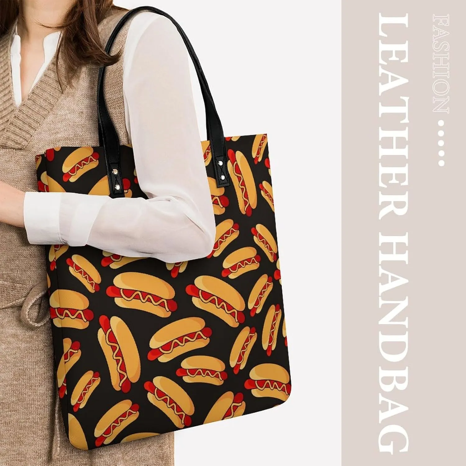Hotdog Fun Food Hot Dog Leather Handbag with Large Space, Fashionable Handbag