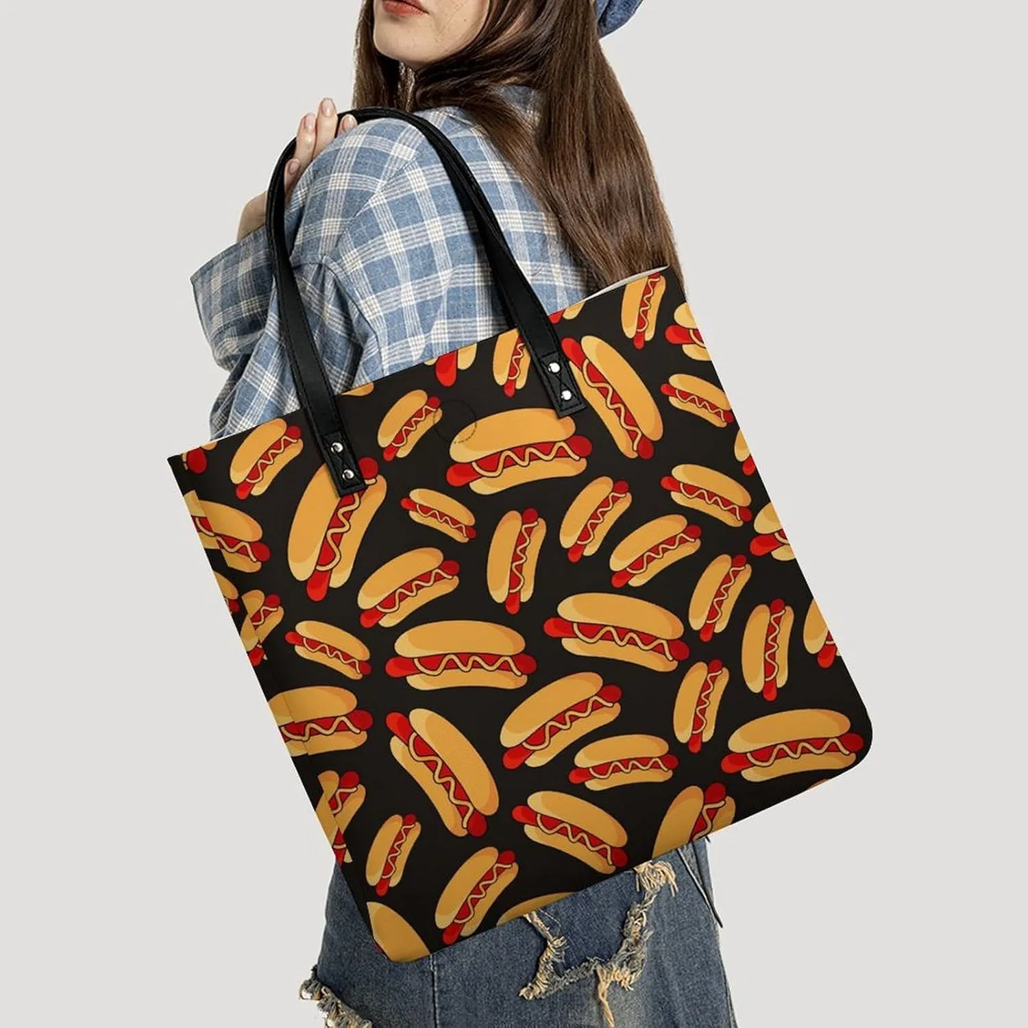 Hotdog Fun Food Hot Dog Leather Handbag with Large Space, Fashionable Handbag