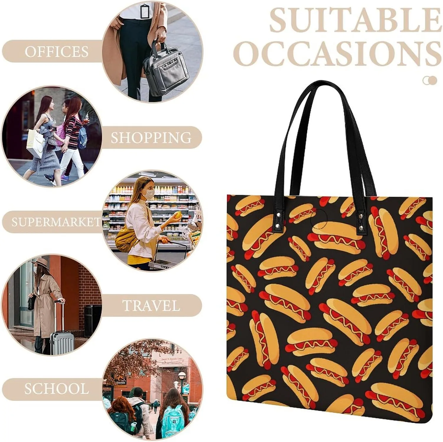 Hotdog Fun Food Hot Dog Leather Handbag with Large Space, Fashionable Handbag