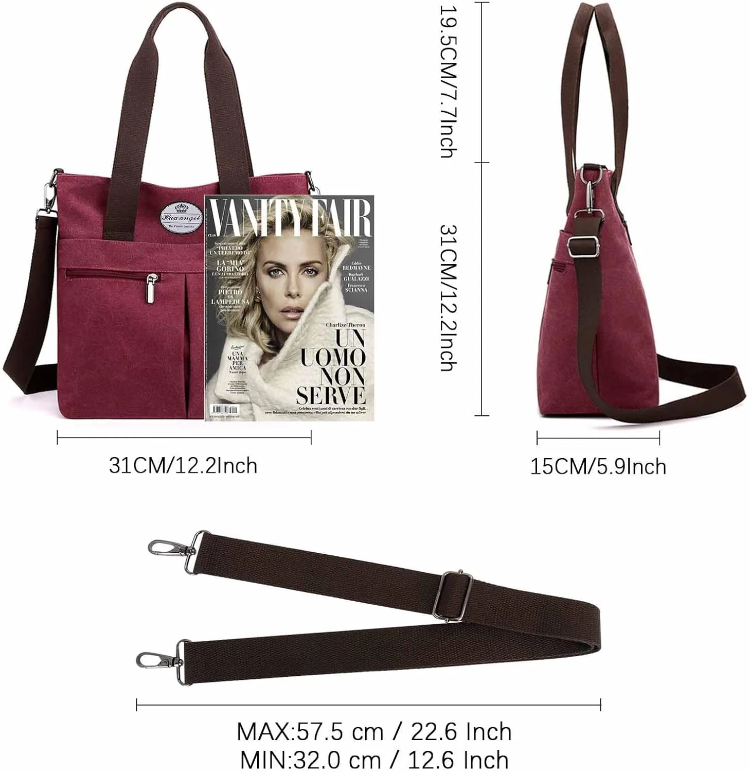 HUA ANGEL Women's Canvas Tote Bag Lightweight Crossbody Purse Multi-Pocket Durable Handbags for Work College Shopping Beach