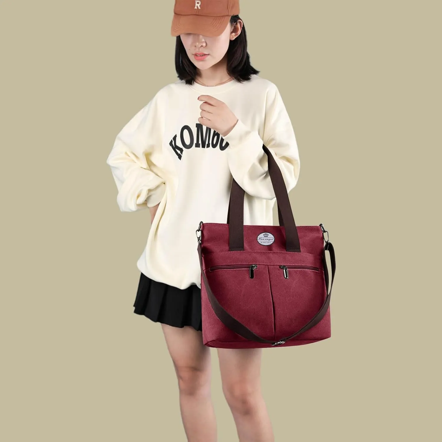 HUA ANGEL Women's Canvas Tote Bag Lightweight Crossbody Purse Multi-Pocket Durable Handbags for Work College Shopping Beach