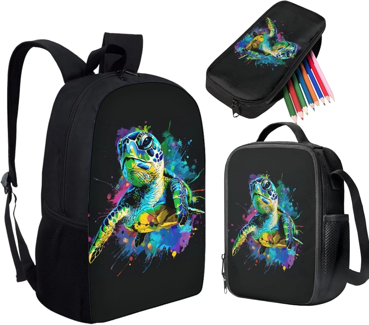 HUGS IDEA 3 Pcs School Bag Set with Thermal Insulated Lunch Tote Purse Pencil Case