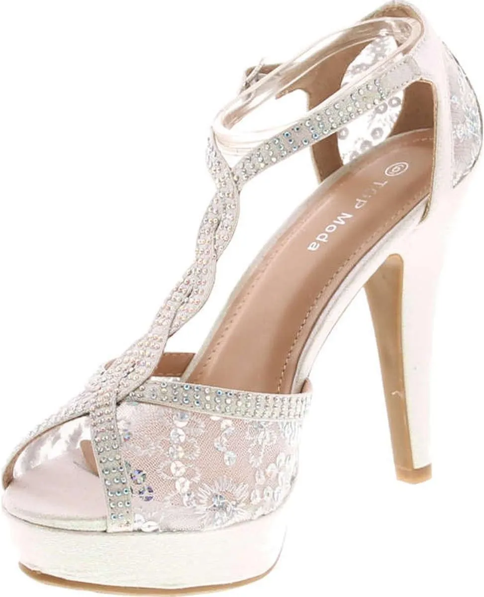 Hy-5 Formal Evening Party Lace Ankle T-Strap Peep Toe Stiletto High Heel Pumps