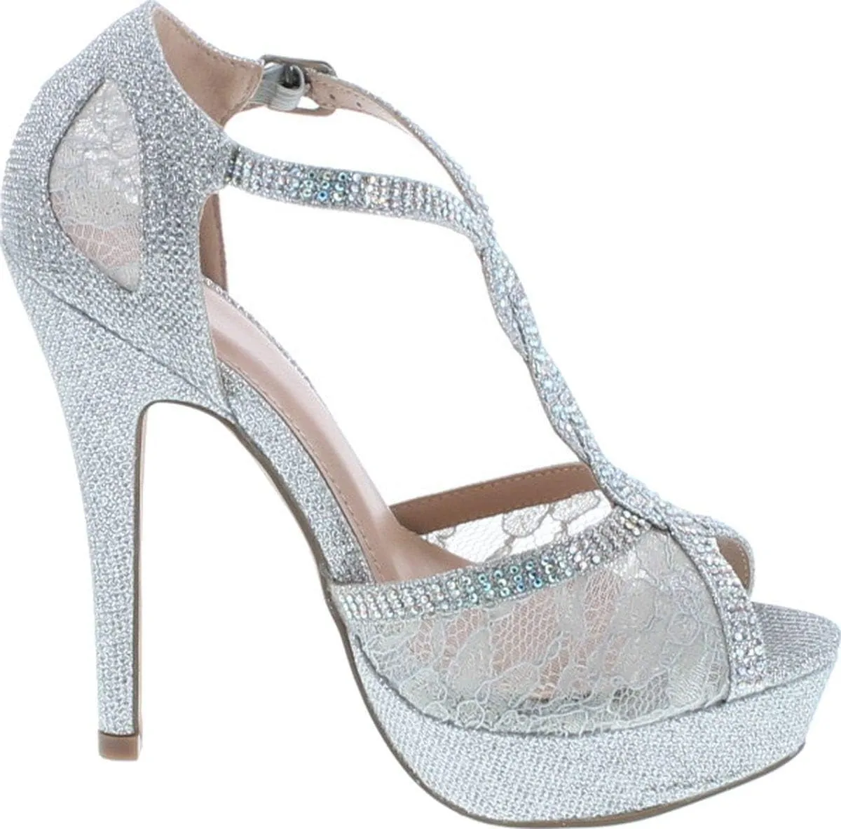 Hy-5 Formal Evening Party Lace Ankle T-Strap Peep Toe Stiletto High Heel Pumps